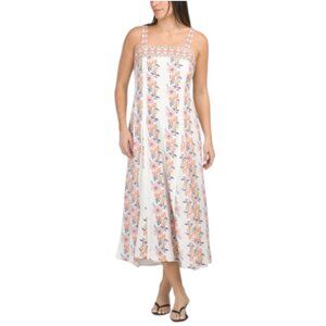 LEA Linen Blend Sleeveless Godet Pleat Floral Maxi Dress